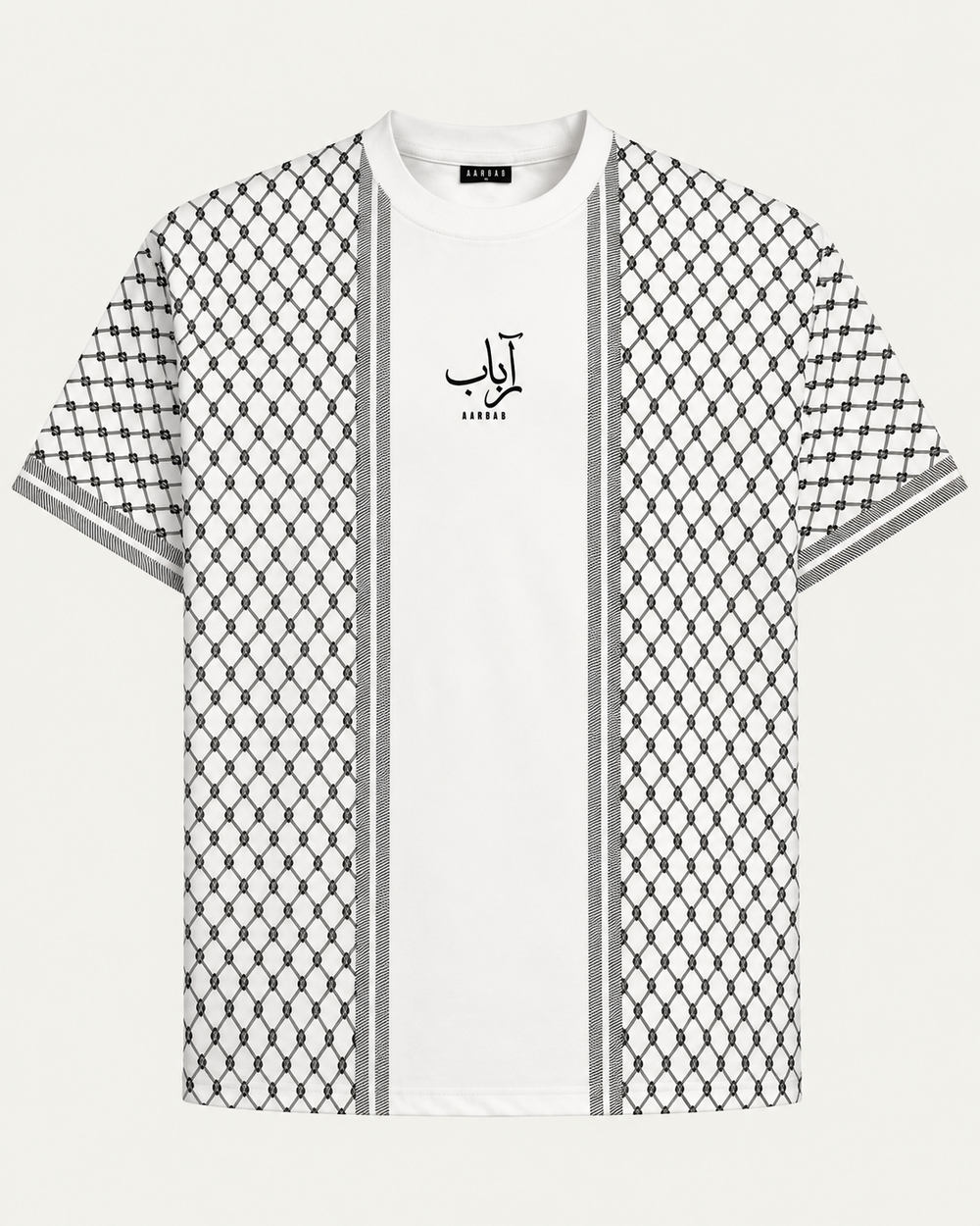 Heritage T-shirt in white with black keffiyeh pattern, AARBAB, front flat lay