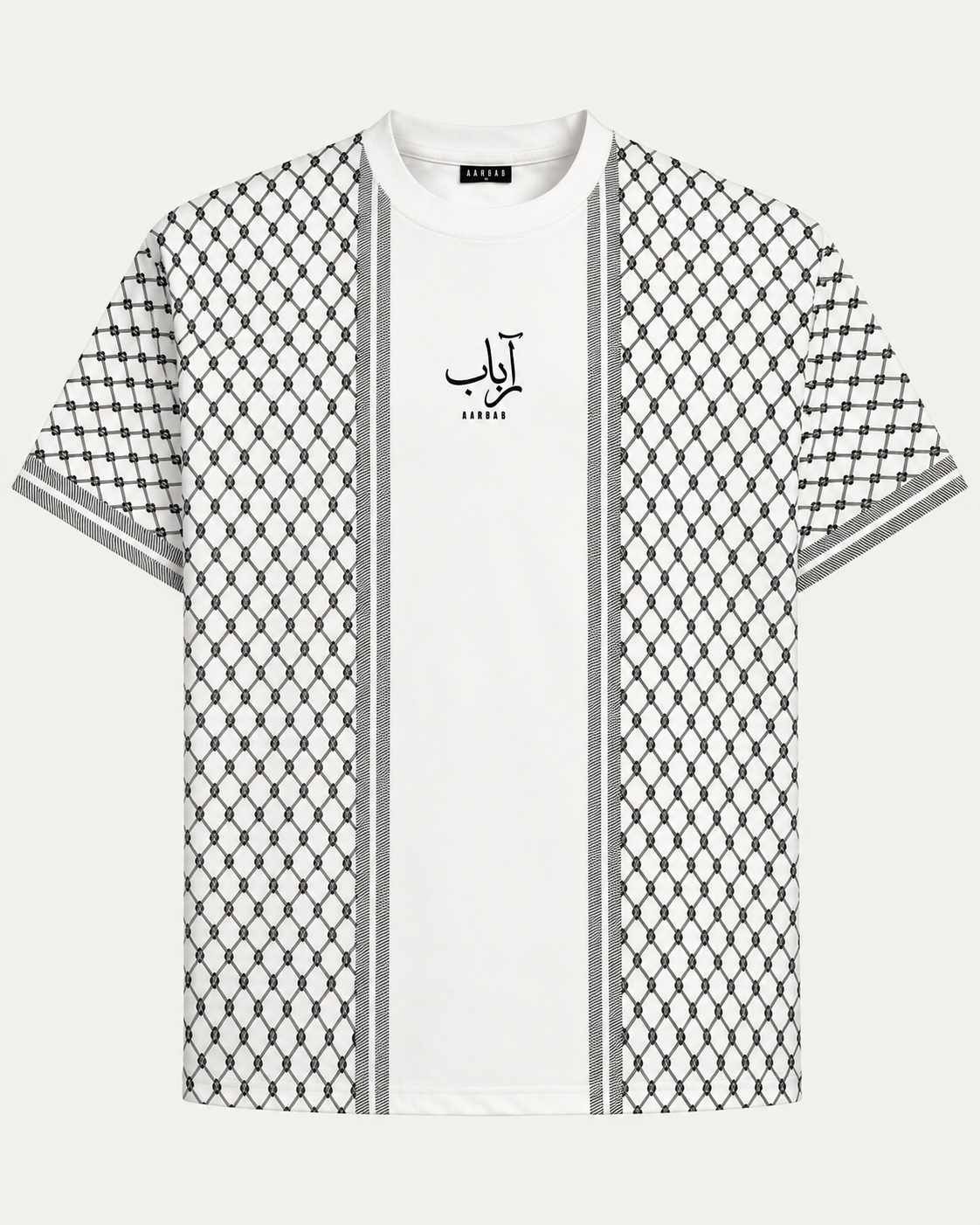 Heritage T-shirt in white with black keffiyeh pattern, AARBAB, front flat lay
