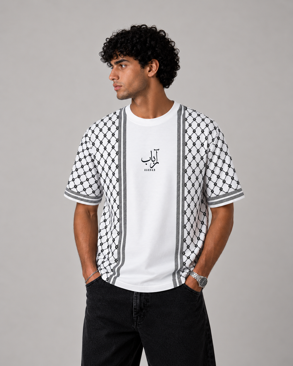 Heritage T-shirt in white with black keffiyeh pattern, AARBAB, front view