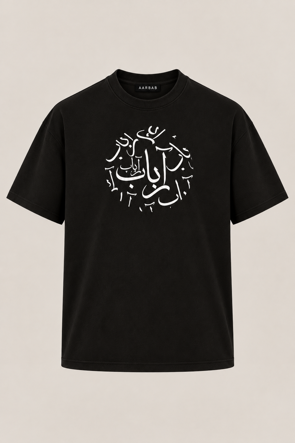 Calligraphy T-shirt in black, AARBAB, front flat lay