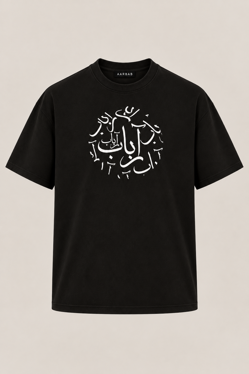 Calligraphy T-shirt in black, AARBAB, front flat lay