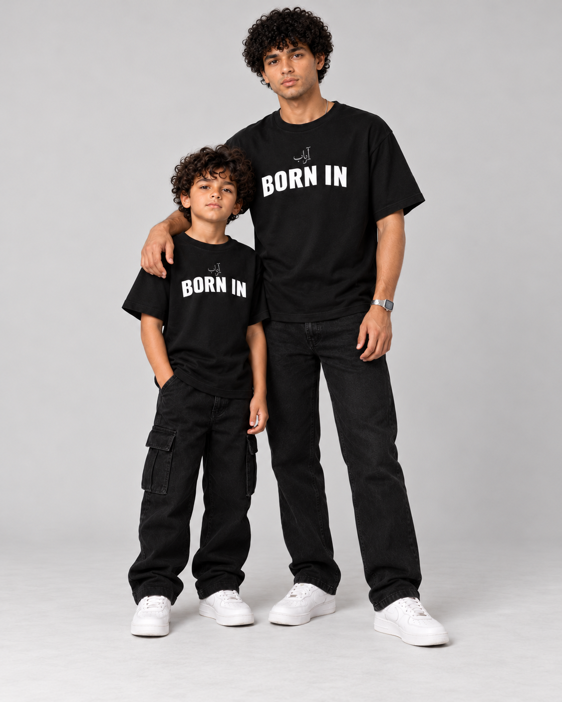 Kids Born in Dubai T-Shirt in Black – matching front with adult tee