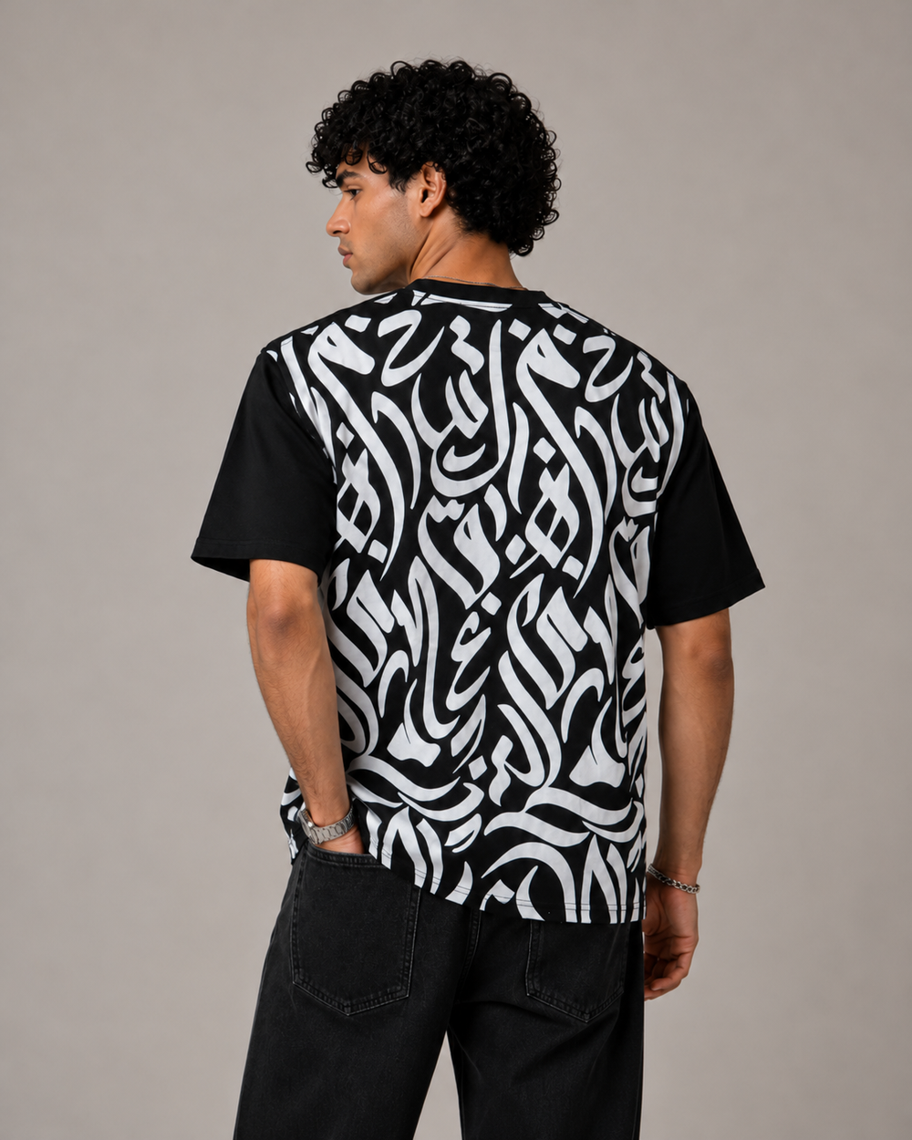 Calligraphy T-shirt in black, AARBAB, back view