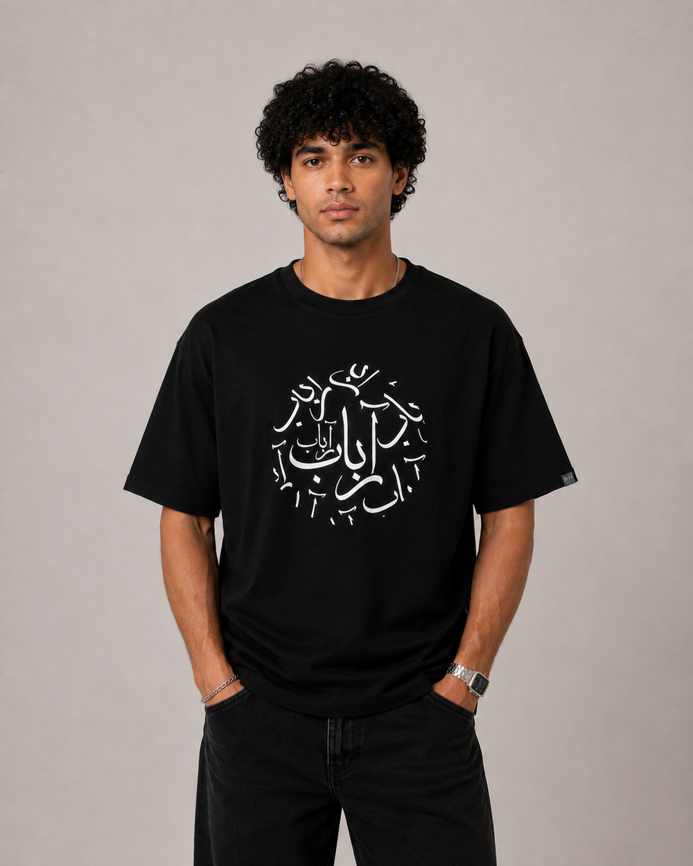 Calligraphy T-shirt in black, AARBAB, front view