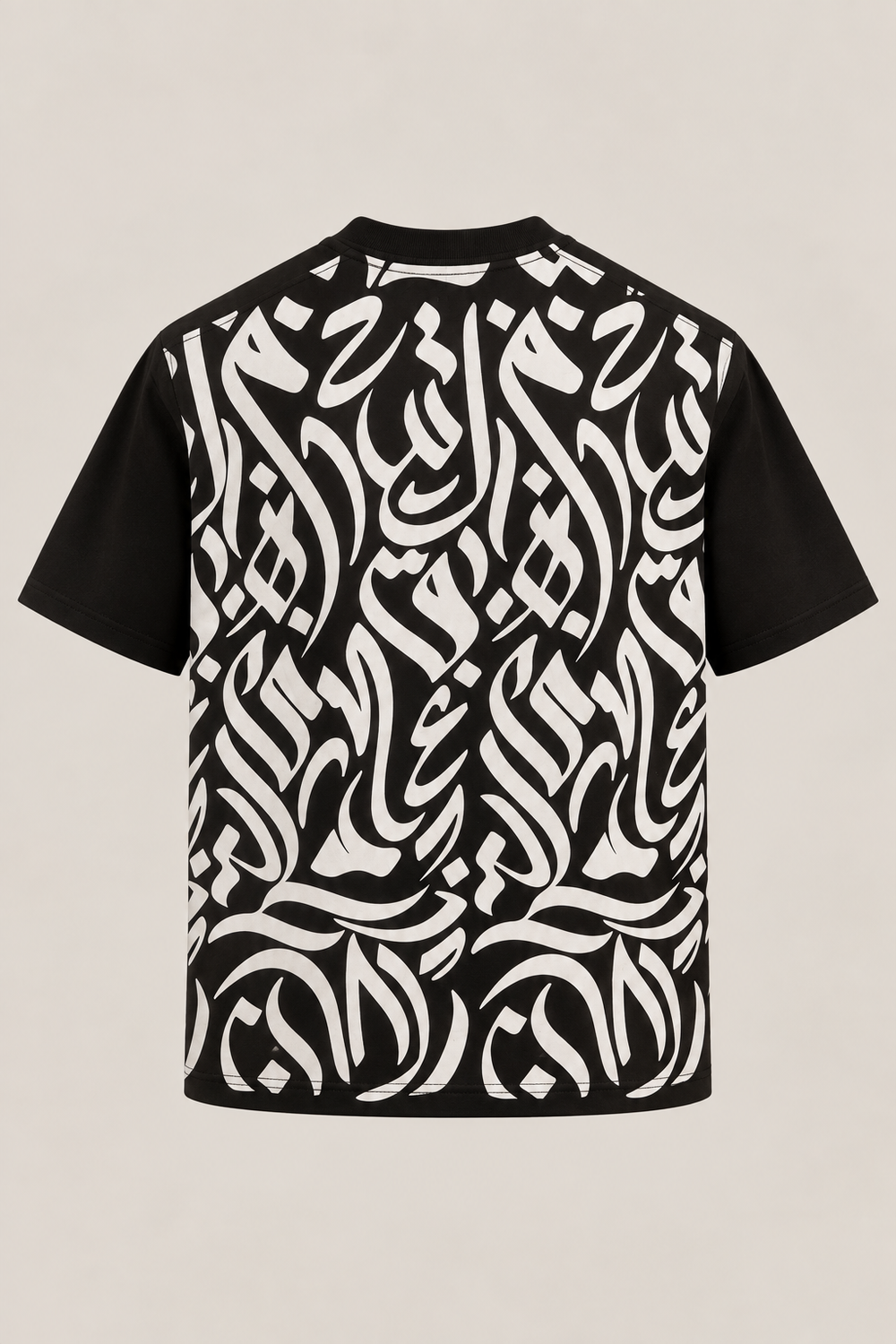 Calligraphy T-shirt in black, AARBAB, back flat lay