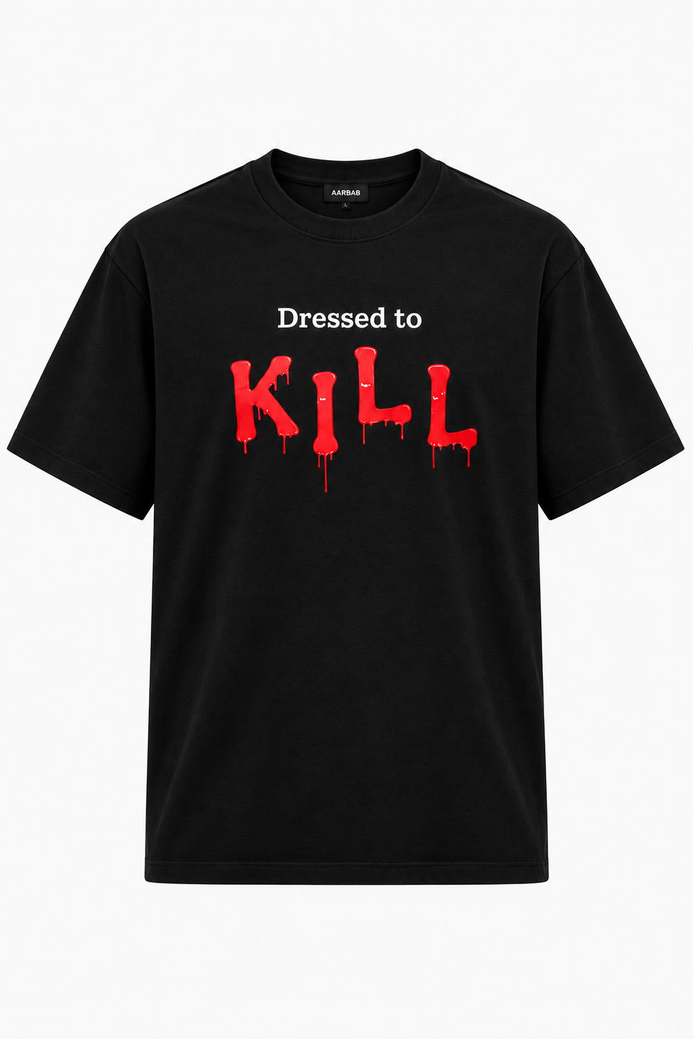 Dressed To Kill T-shirt in black, AARBAB, front flat lay