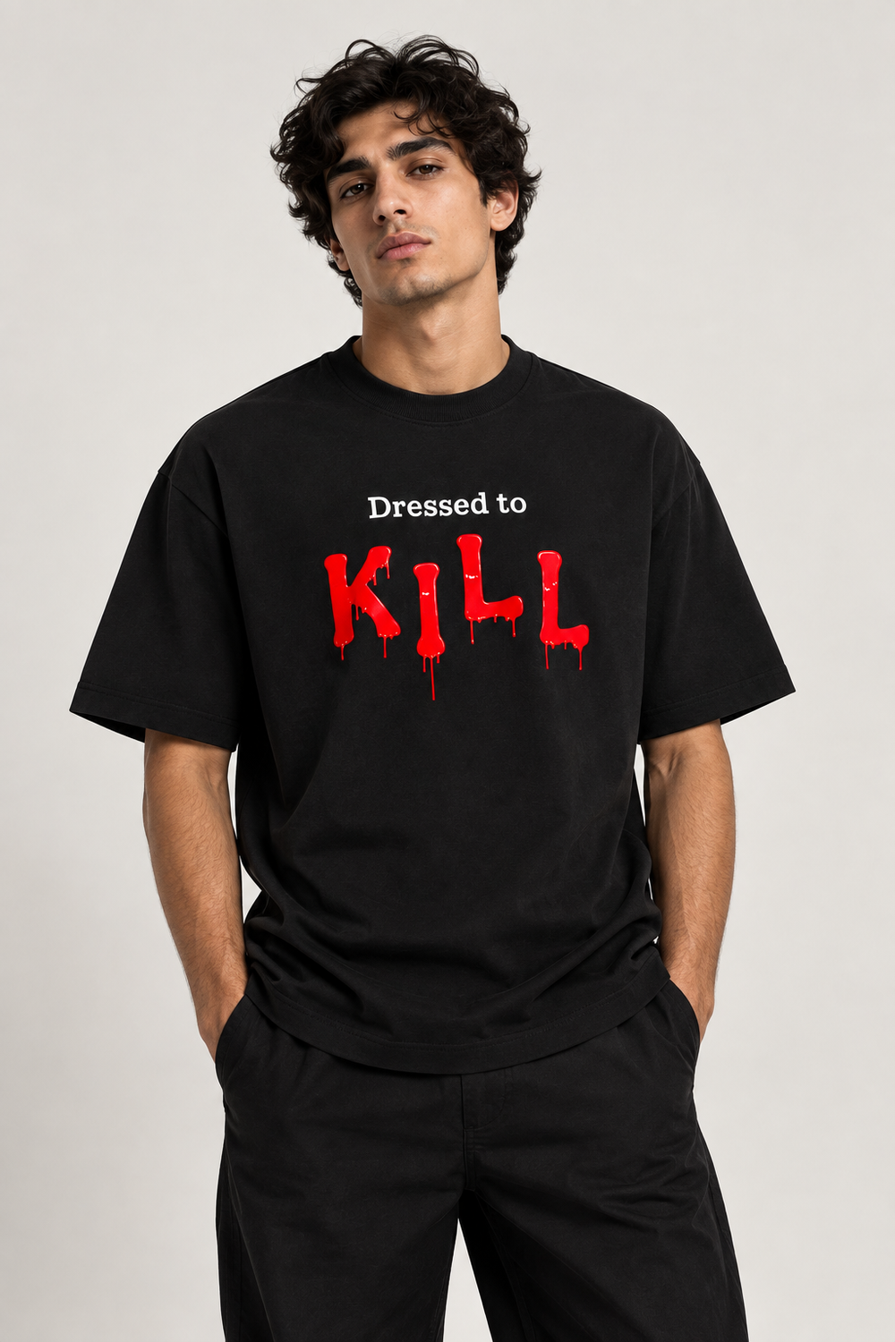 Dressed To Kill T-shirt in black, AARBAB, front view