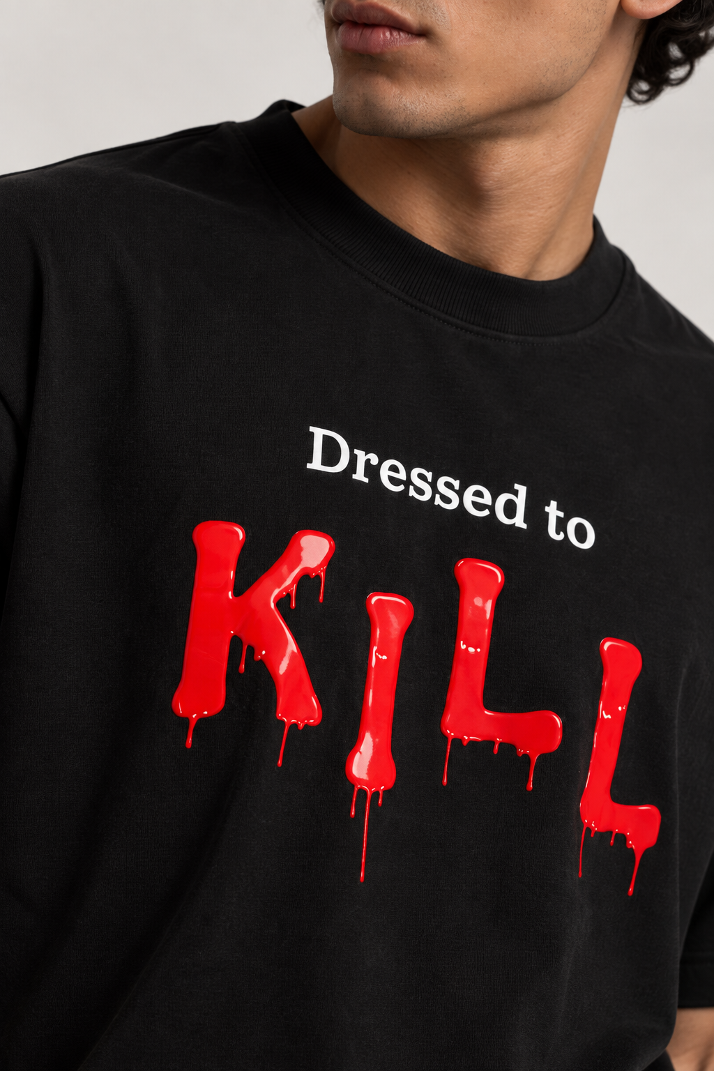 Dressed To Kill T-shirt in black, AARBAB, front close-up