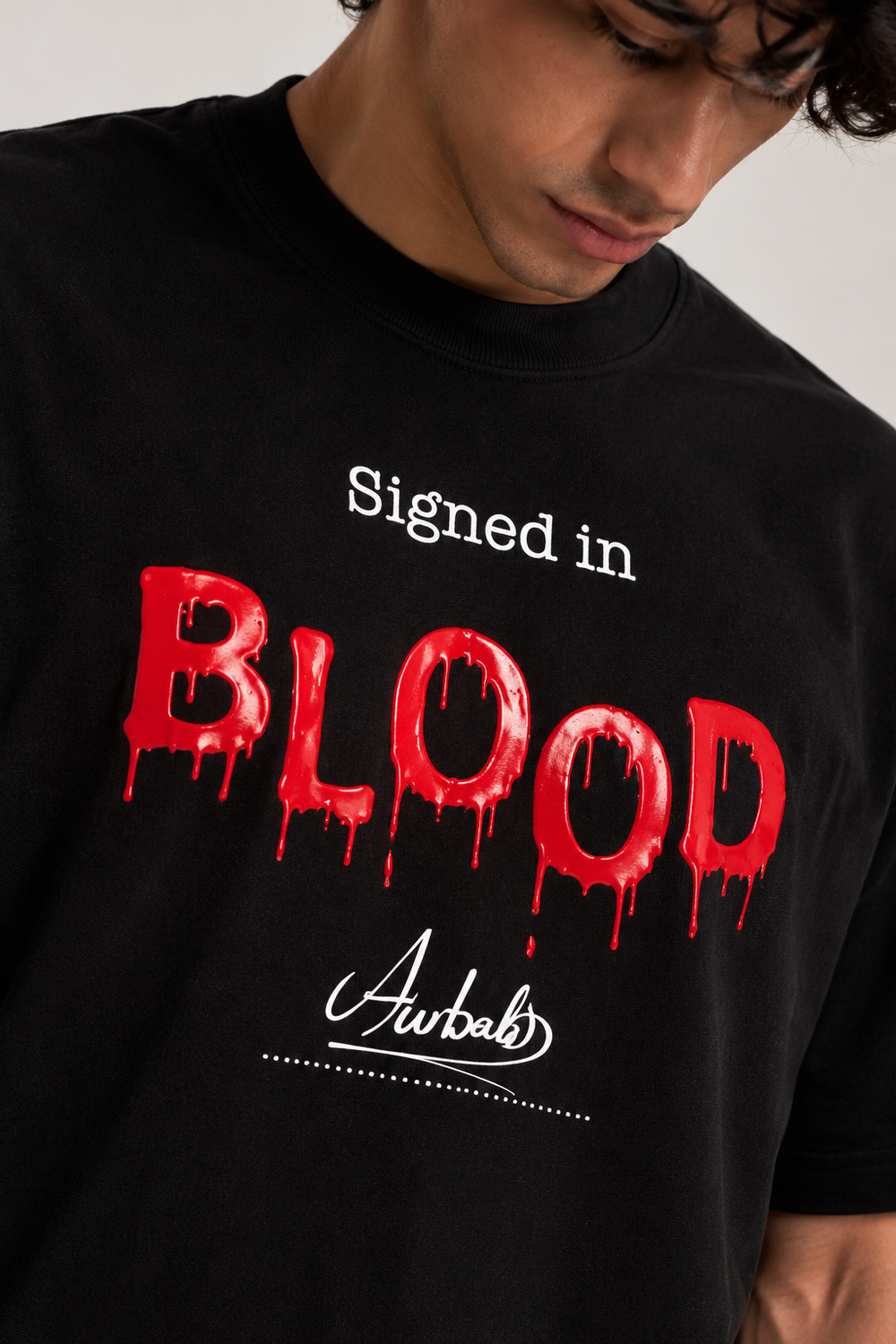 Signed In Blood T-shirt in black, AARBAB, front close-up