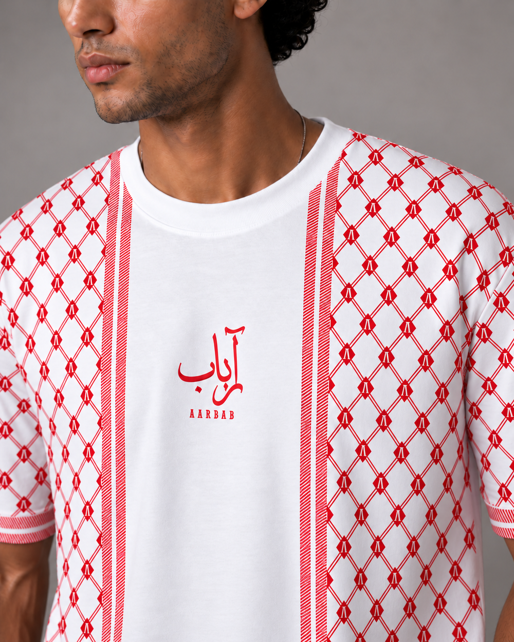 Heritage T-shirt in white with red keffiyeh pattern, AARBAB, front close-up