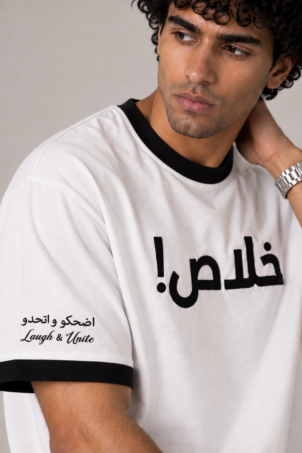 Khalas T-shirt in white, AARBAB, front view, three-quarter angle