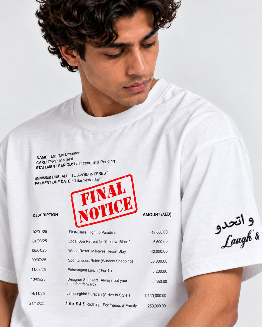 Final Notice T-shirt in white, AARBAB, front close-up