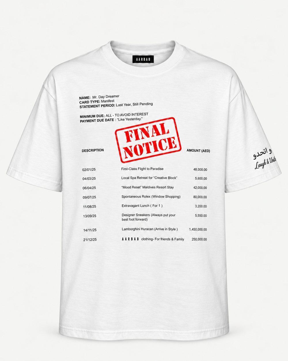 Final Notice T-shirt in white, AARBAB, front flat lay