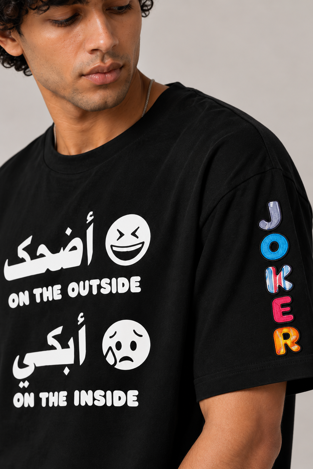 Laugh Outside Cry Inside T-shirt in black, AARBAB, front close-up