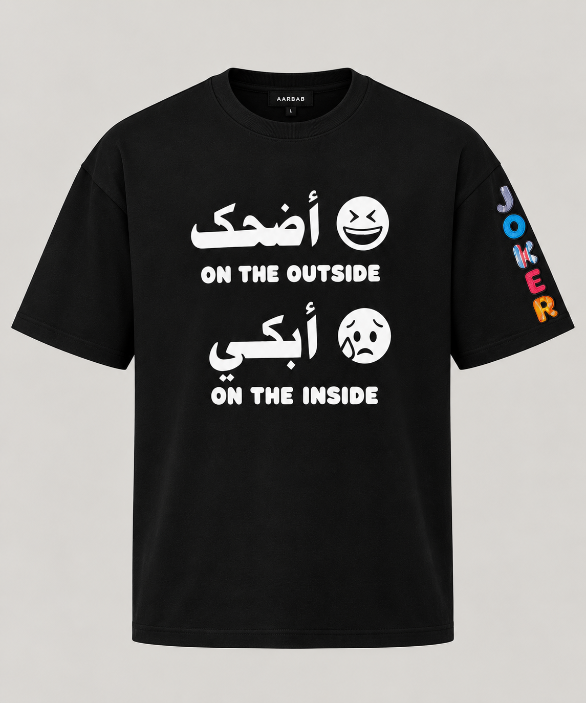 Laugh Outside Cry Inside T-shirt in black, AARBAB, front flat lay