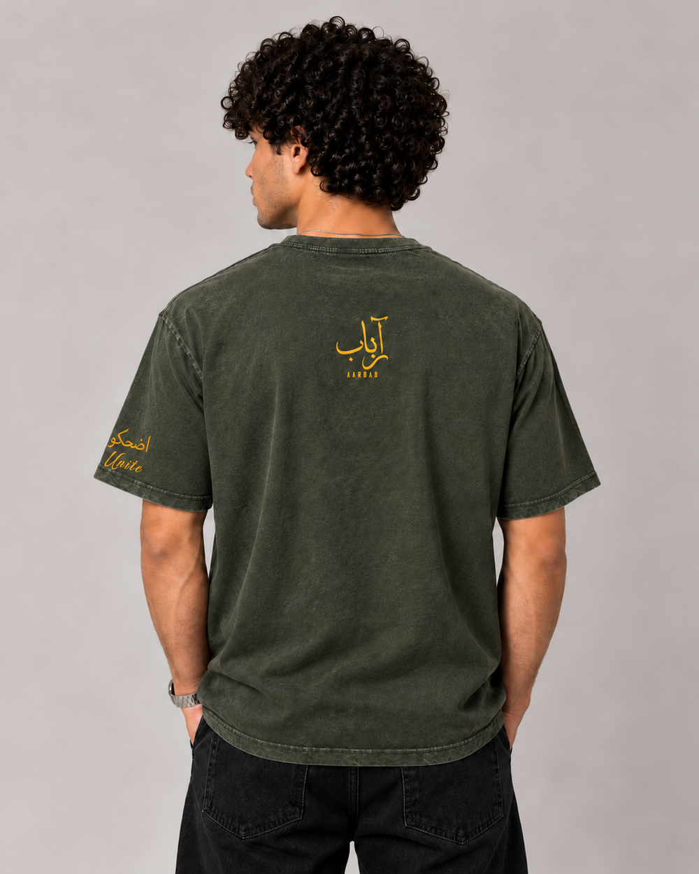 UAE 70's Child T-shirt in vintage olive, AARBAB, back view