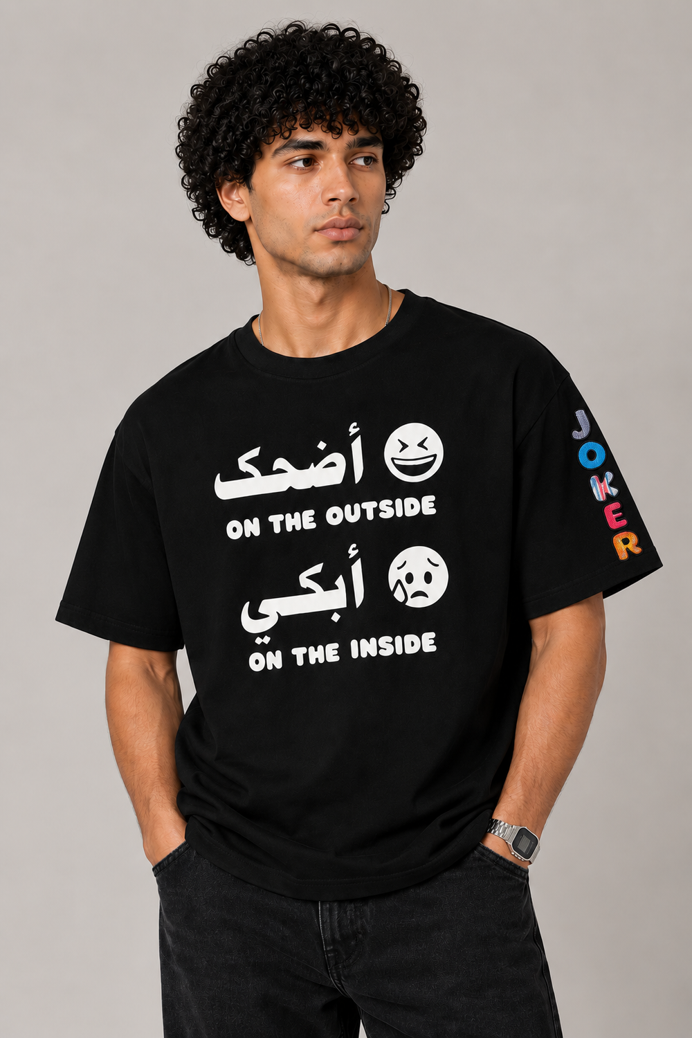 Laugh Outside Cry Inside T-shirt in black, AARBAB, front view