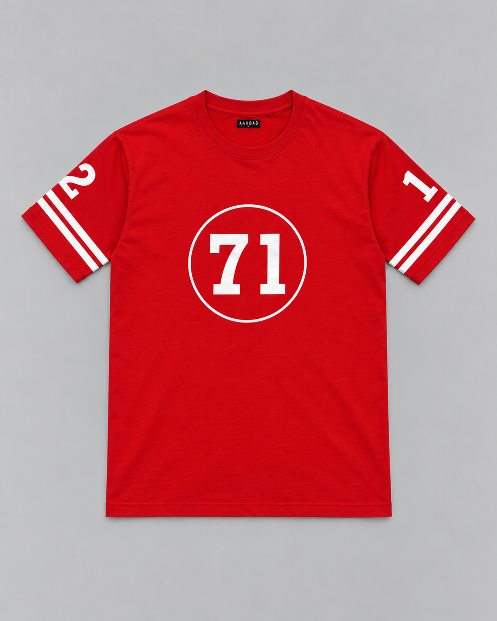 '71 Varsity T-shirt in red, AARBAB, front flat lay