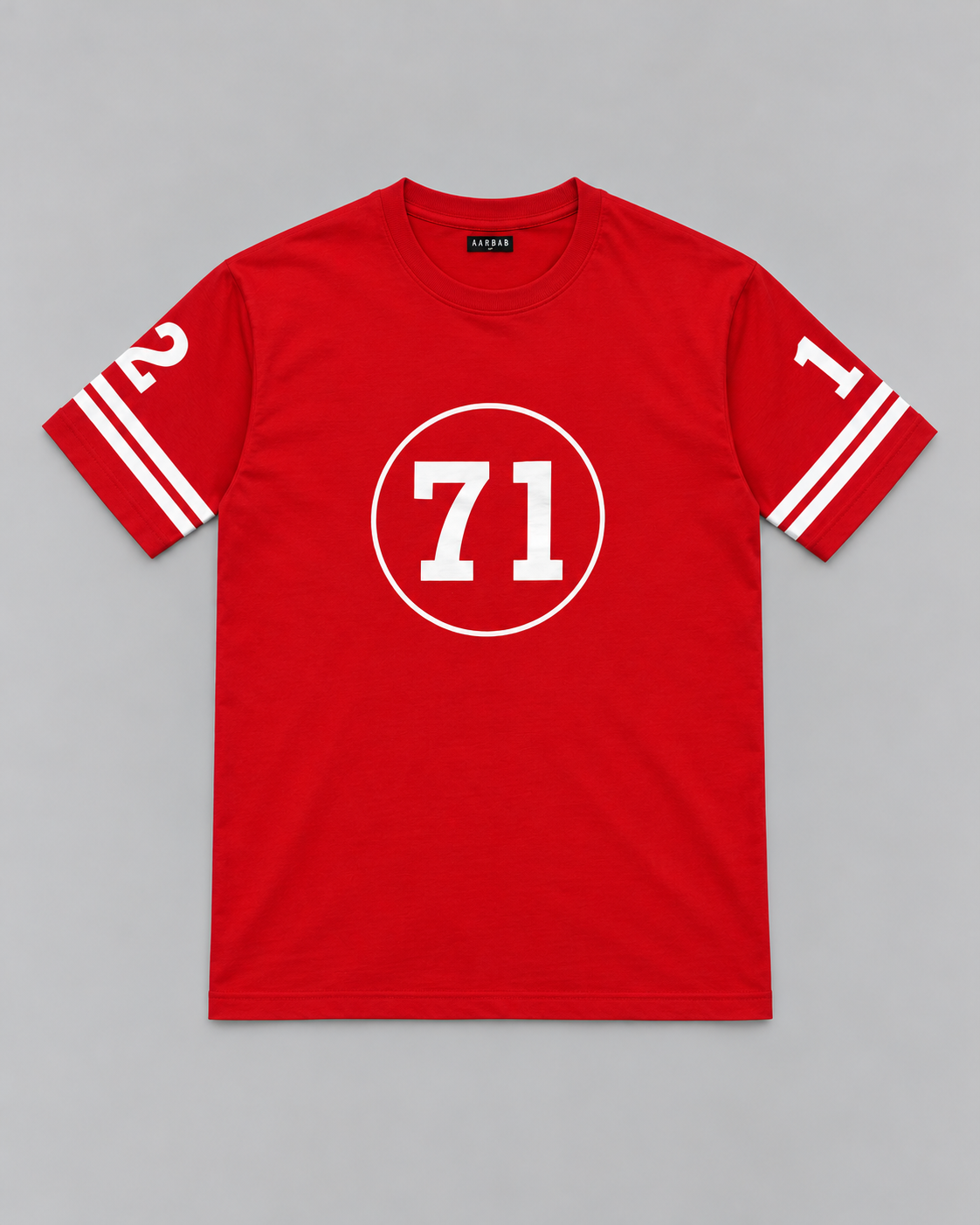 '71 Varsity T-shirt in red, AARBAB, front flat lay