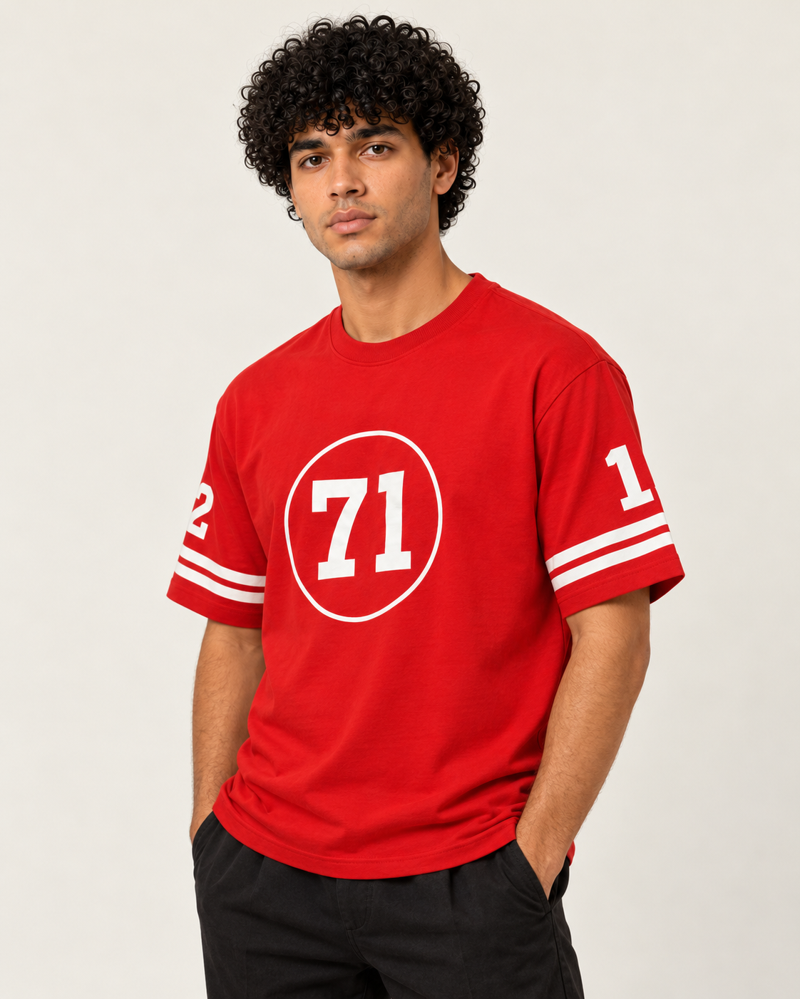 '71 Varsity T-shirt in red, AARBAB, front view