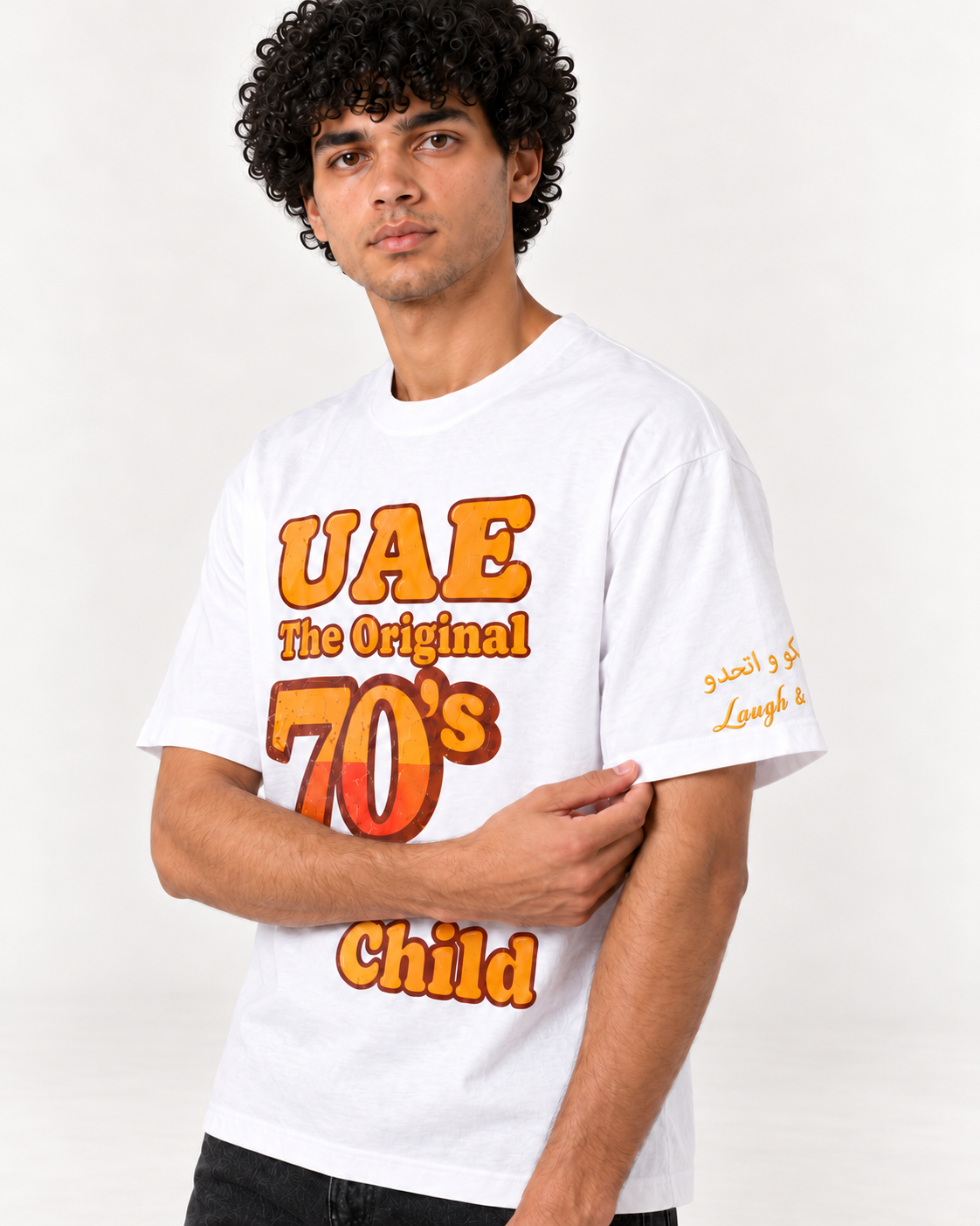 UAE 70's Child T-shirt in white, AARBAB, front view, second angle
