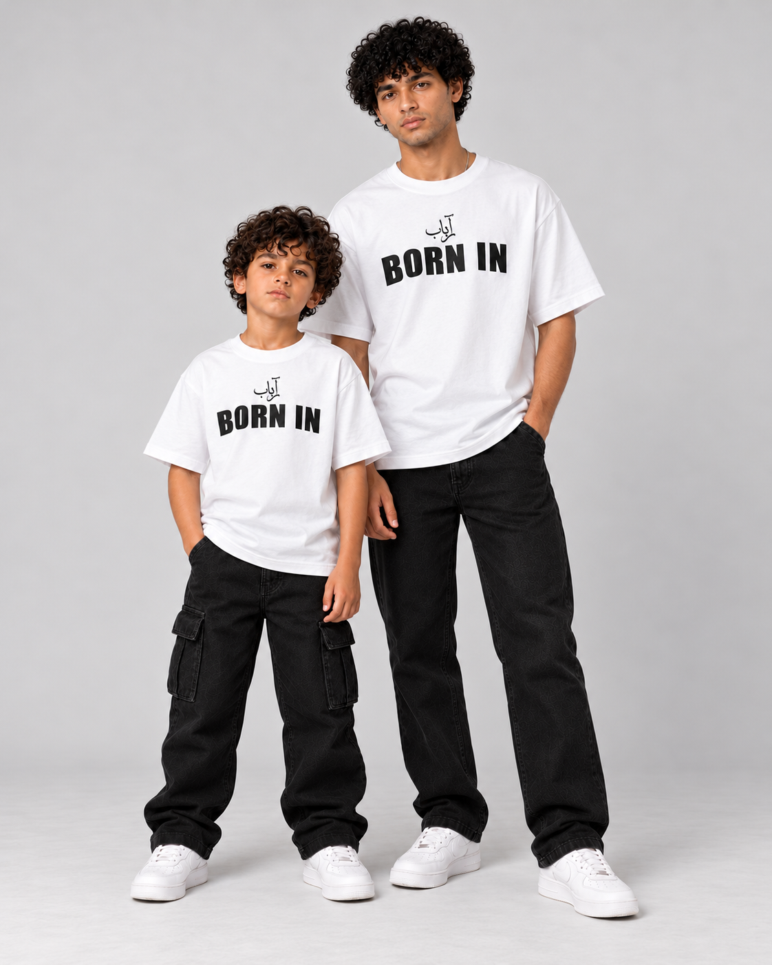 Kids Born in Dubai T-Shirt in White – matching front with adult tee