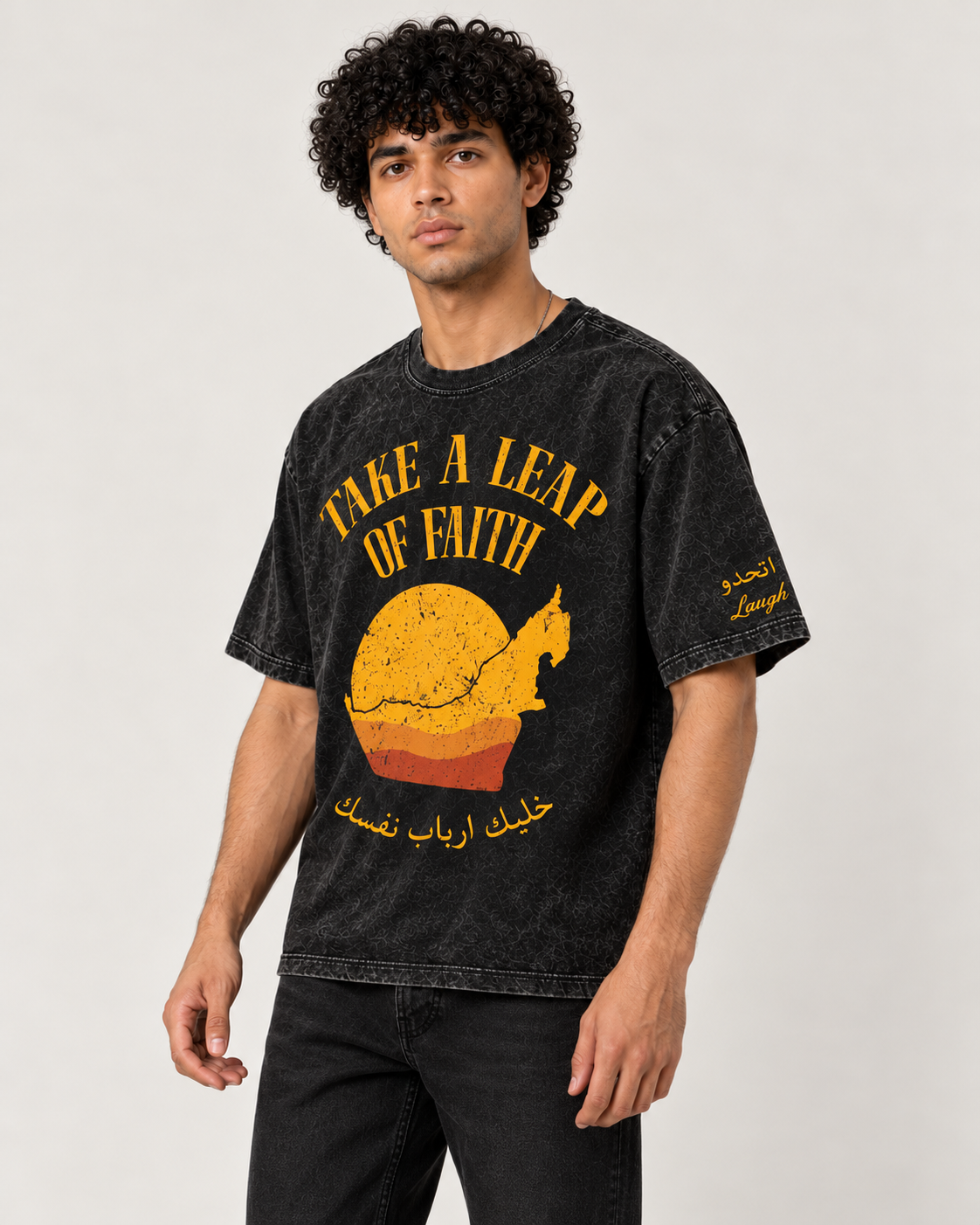 Leap of Faith T-shirt in washed black, AARBAB, front view