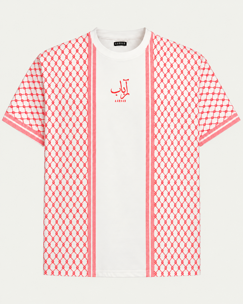 Heritage T-shirt in white with red keffiyeh pattern, AARBAB, front flat lay