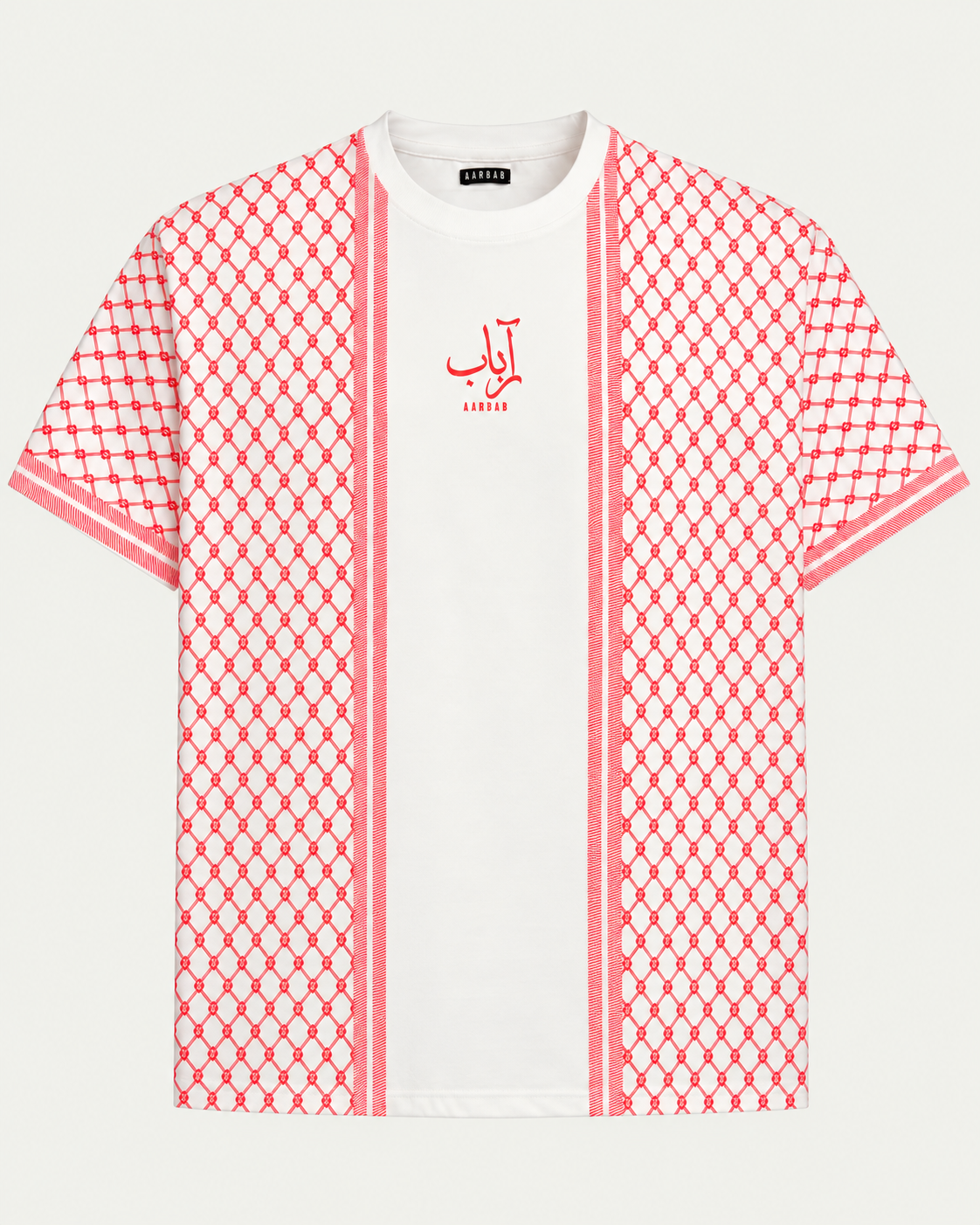 Heritage T-shirt in white with red keffiyeh pattern, AARBAB, front flat lay