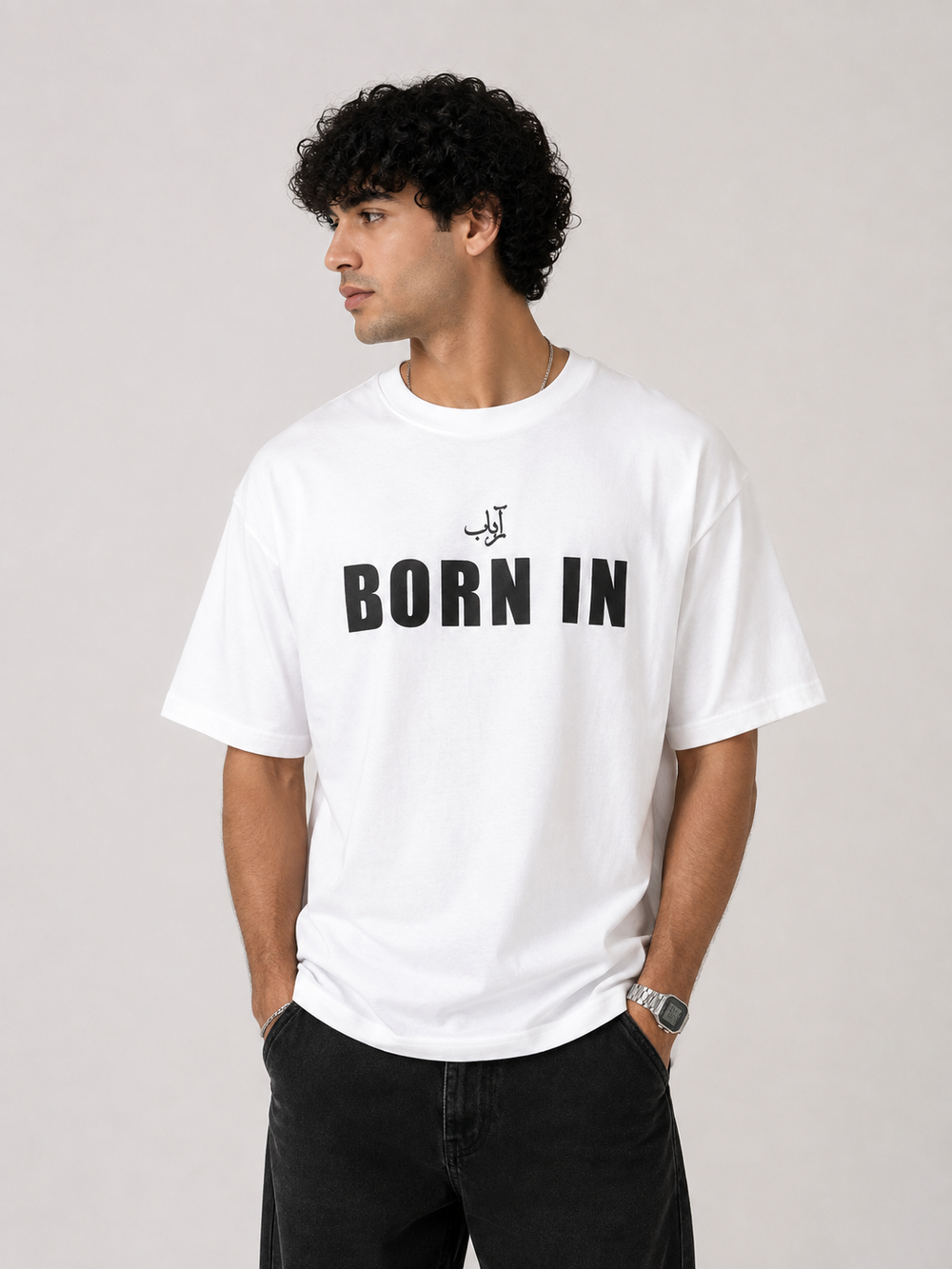 Born in Dubai T-shirt in white, AARBAB