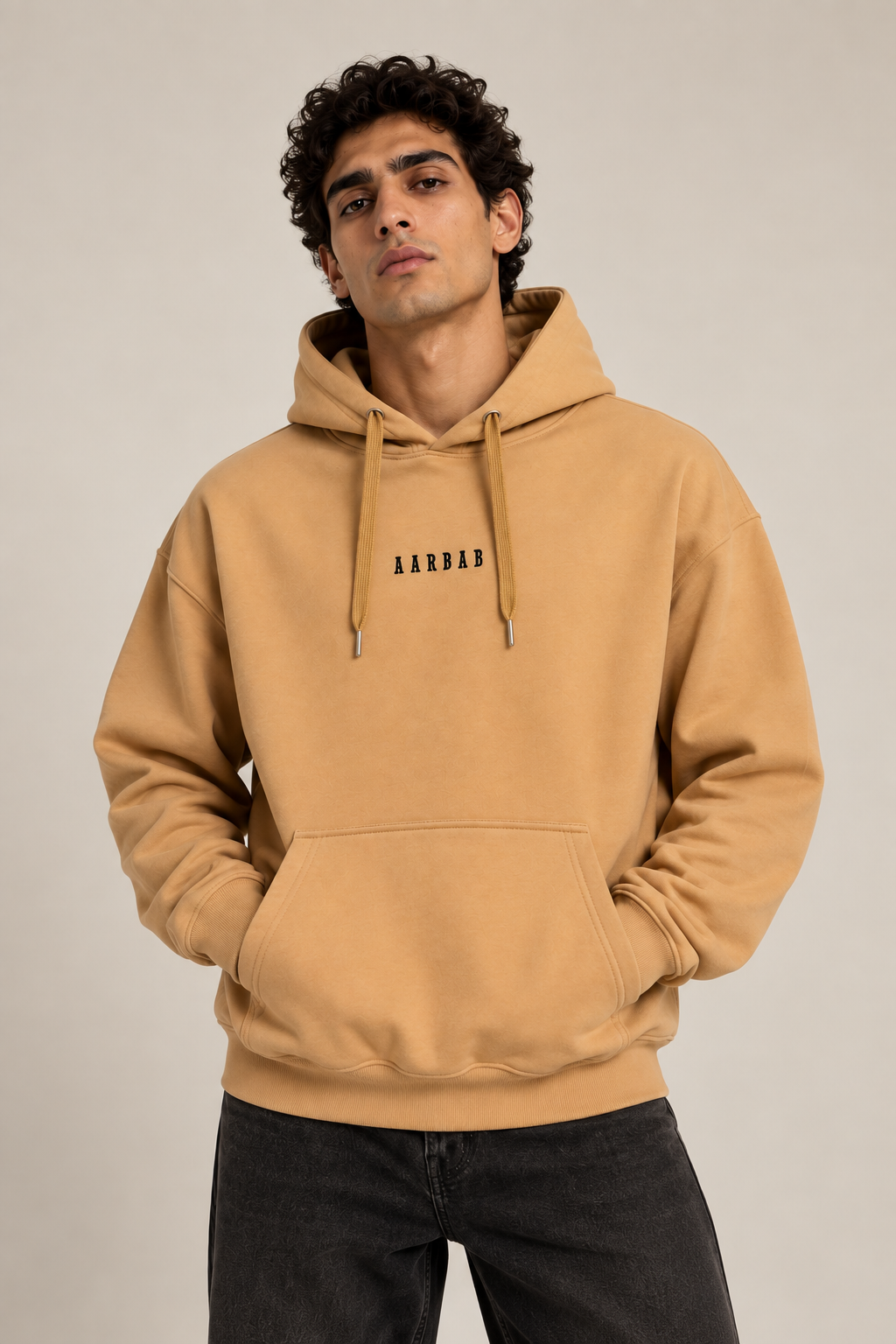 AARBAB relaxed cotton hoodie in beige with Arabic embroidery, view 2
