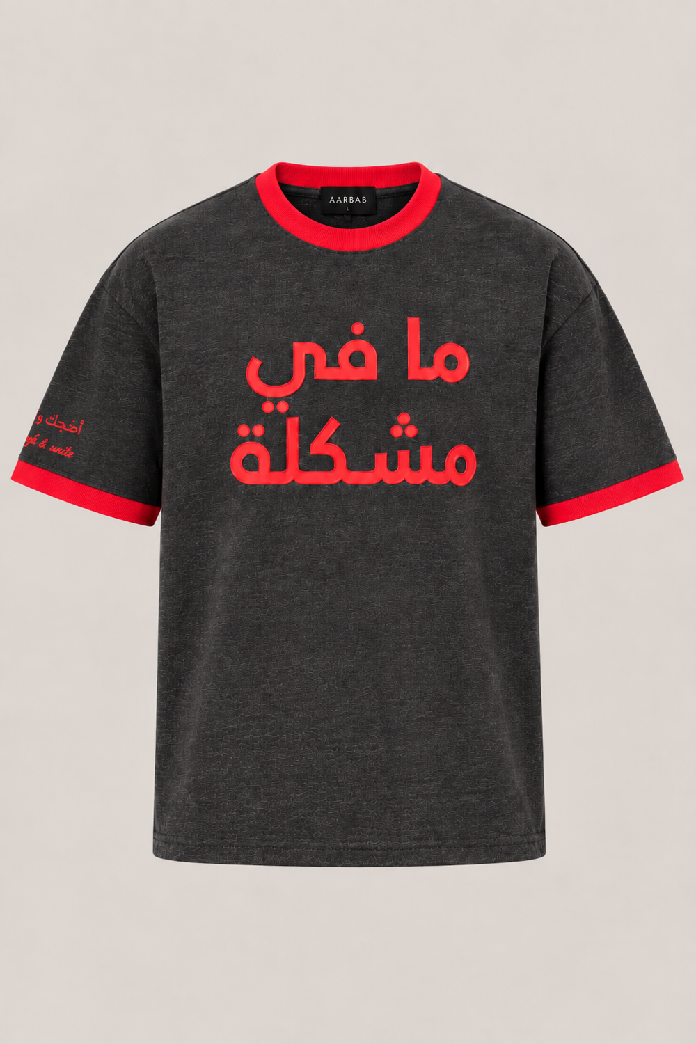 Mafi Mushkil T-shirt in dark grey with red embroidery, AARBAB, view 4